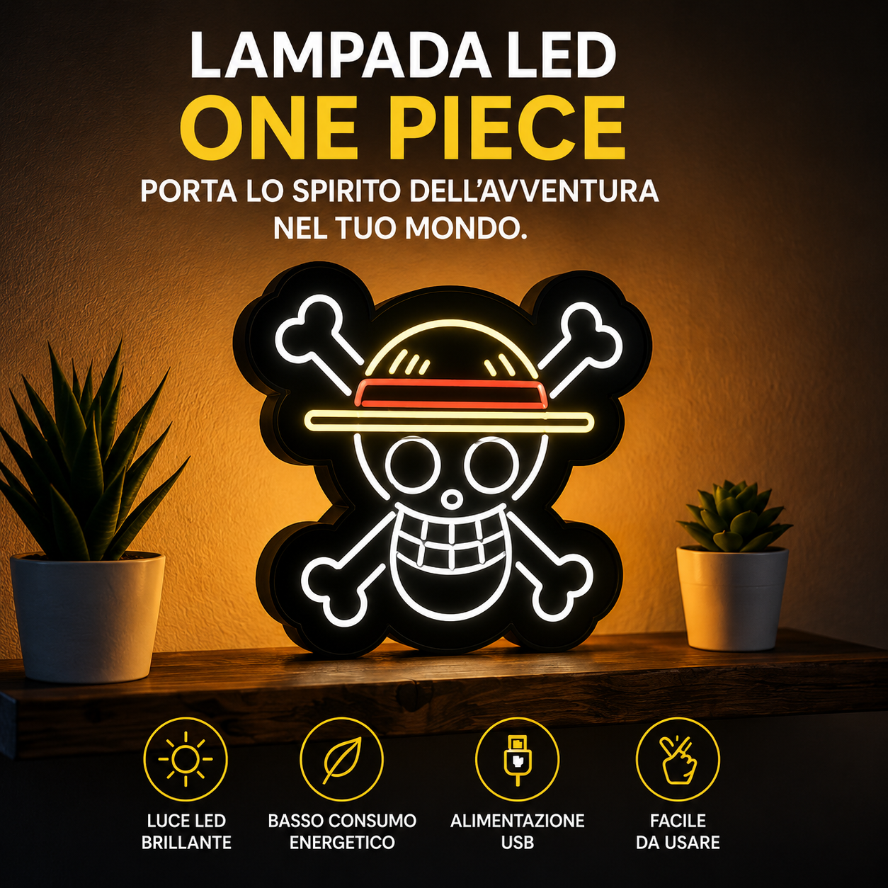 3D Printed Anime Pirate LED Lamp – Handmade USB Neon Light for Gaming Room & Bedroom Decor