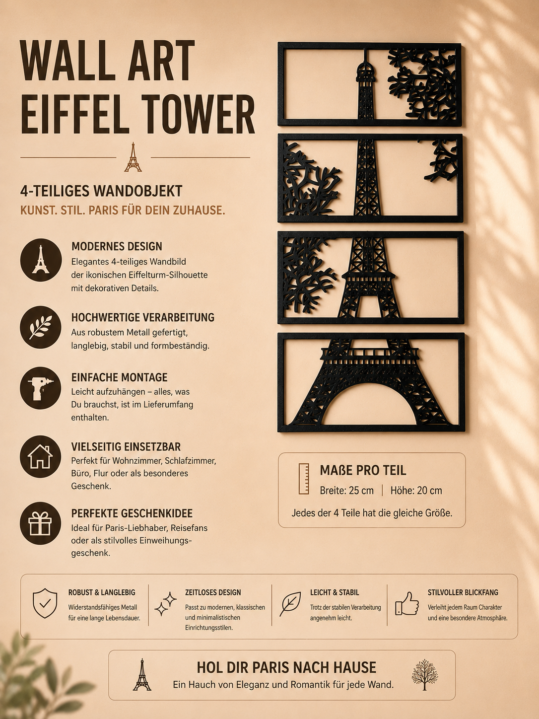 Eiffel Tower Wall Art – Modernes 4-teiliges Wandbild
